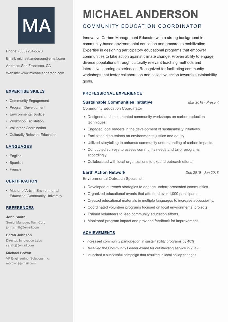 Carbon Management Educator resume sample — Community Education Coordinator focus