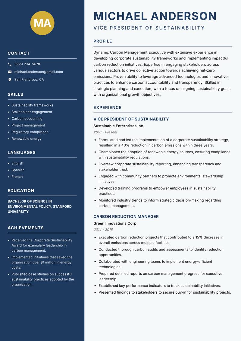 Carbon Management Executive resume sample — Vice President of Sustainability focus