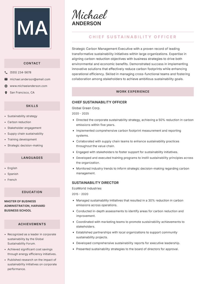 Carbon Management Executive resume sample — Chief Sustainability Officer focus
