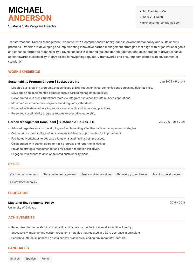 Carbon Management Executive resume sample — Sustainability Program Director focus