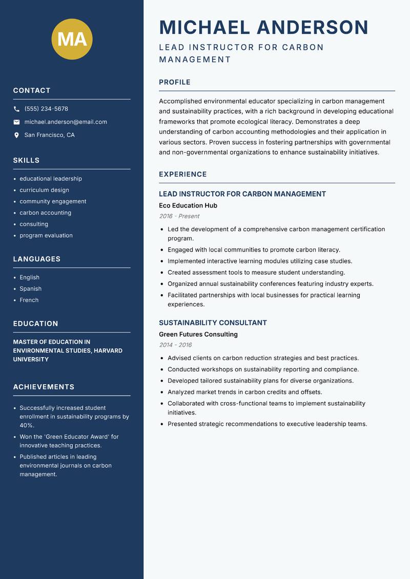 Carbon Management Instructor resume sample — Lead Instructor for Carbon Management focus