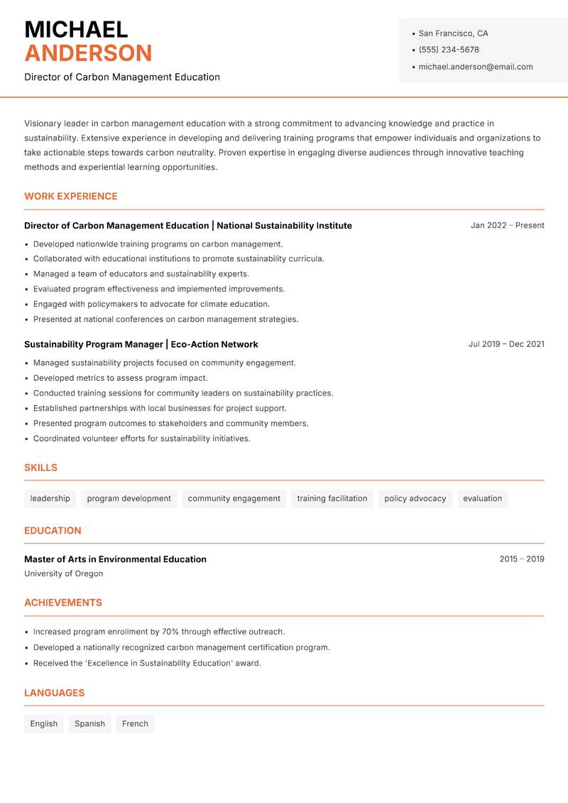 Carbon Management Instructor resume sample — Director of Carbon Management Education focus