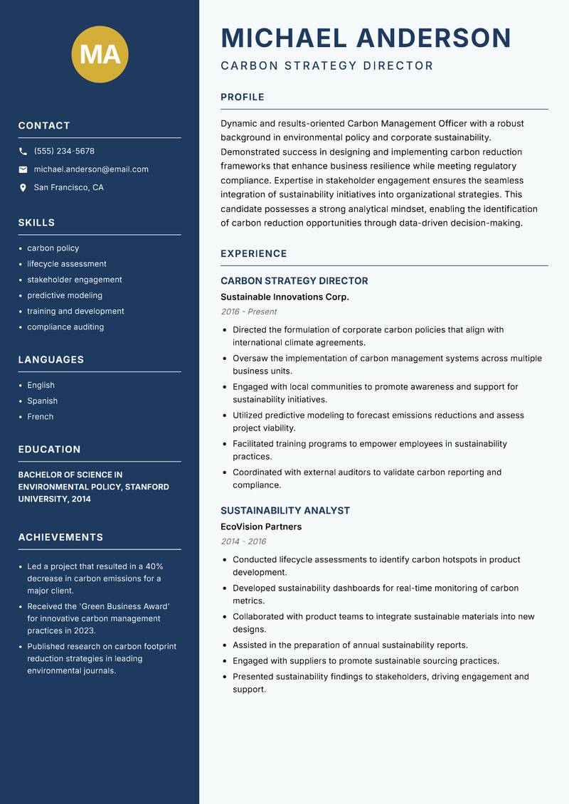 Carbon Management Officer resume sample — Carbon Strategy Director focus