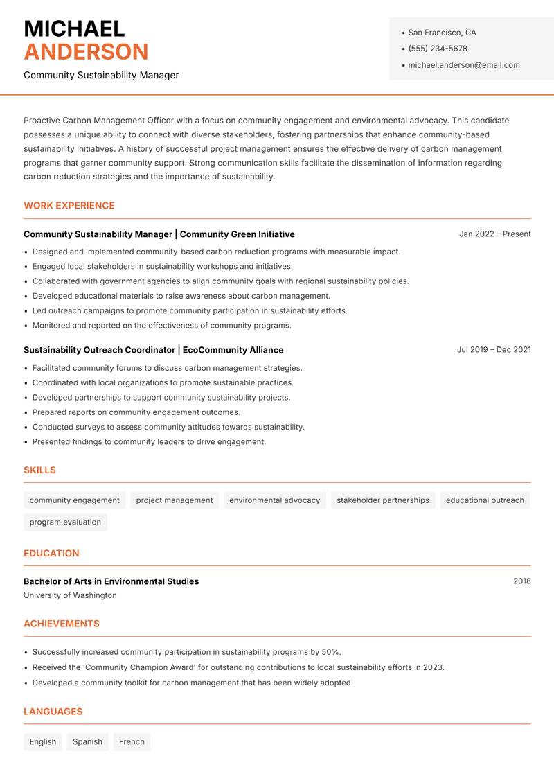 Carbon Management Officer resume sample — Community Sustainability Manager focus