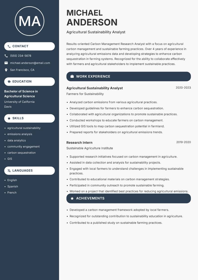 Carbon Management Research Analyst resume sample — Agricultural Sustainability Analyst focus