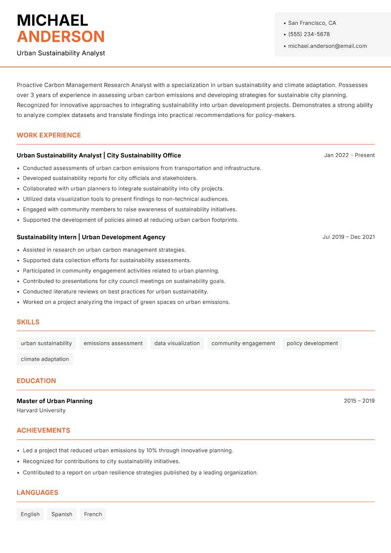 Carbon Management Research Analyst resume sample — Urban Sustainability Analyst focus