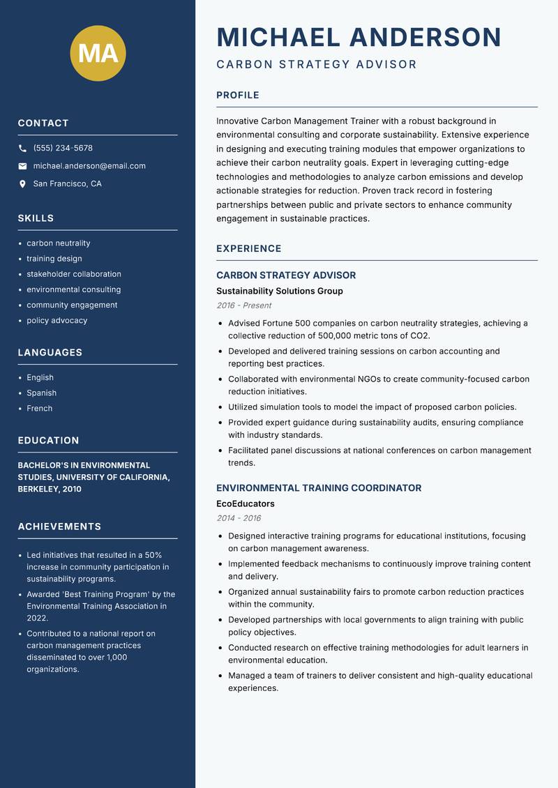 Carbon Management Trainer resume sample — Carbon Strategy Advisor focus