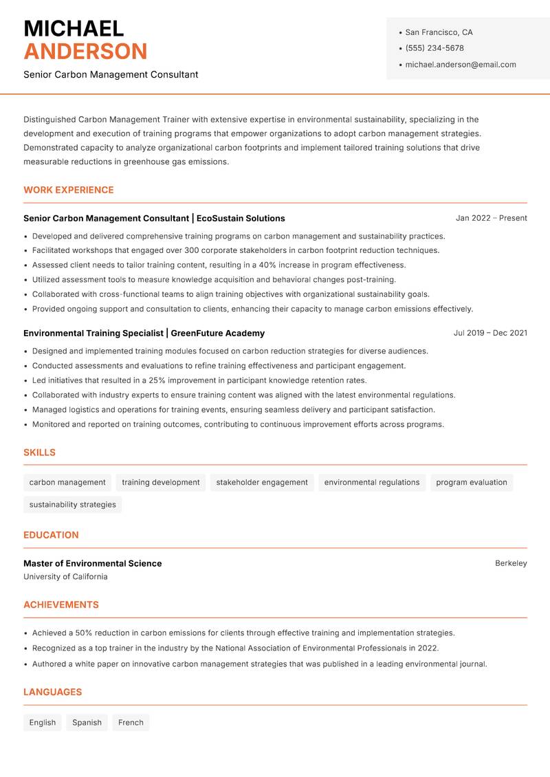 Carbon Management Trainer resume sample — Senior Carbon Management Consultant focus
