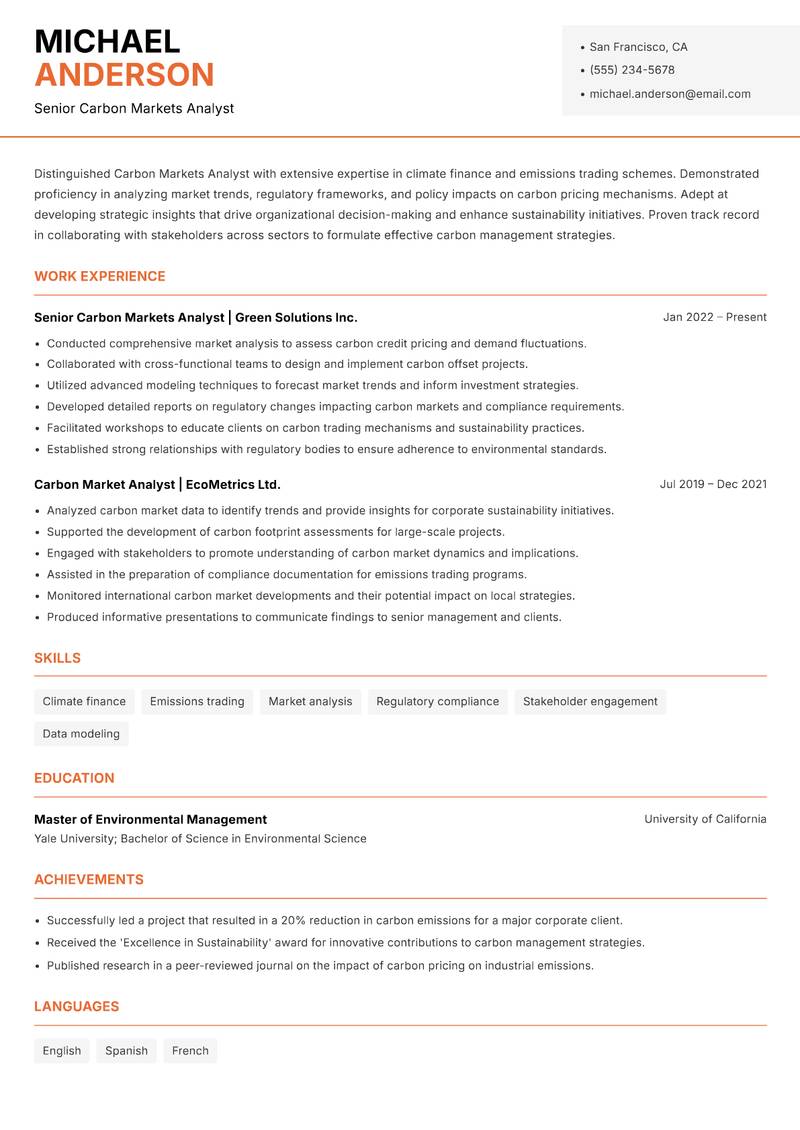 Carbon Markets Analyst resume sample — Senior Carbon Markets Analyst focus