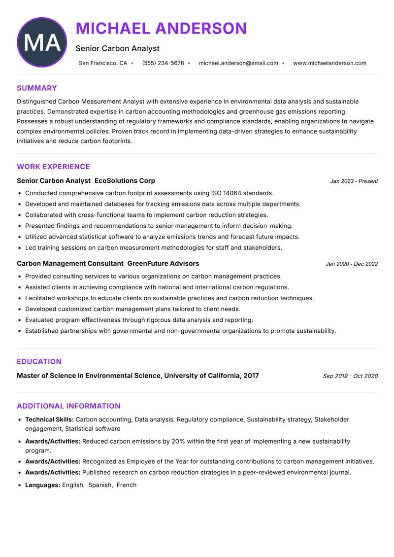 Carbon Measurement Analyst resume example