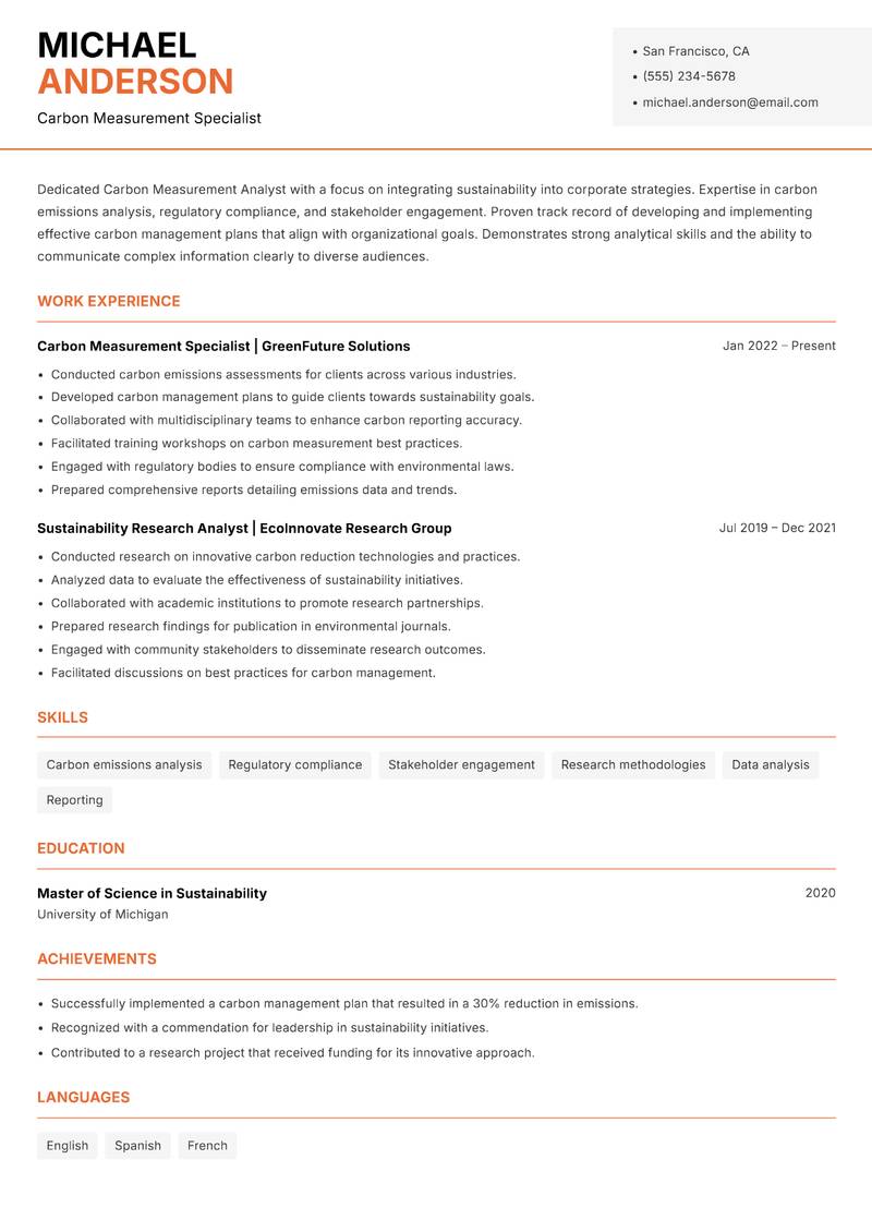 Carbon Measurement Analyst resume sample — Carbon Measurement Specialist focus