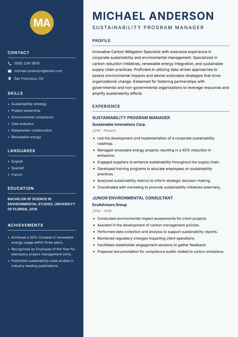 Carbon Mitigation Specialist resume sample — Sustainability Program Manager focus