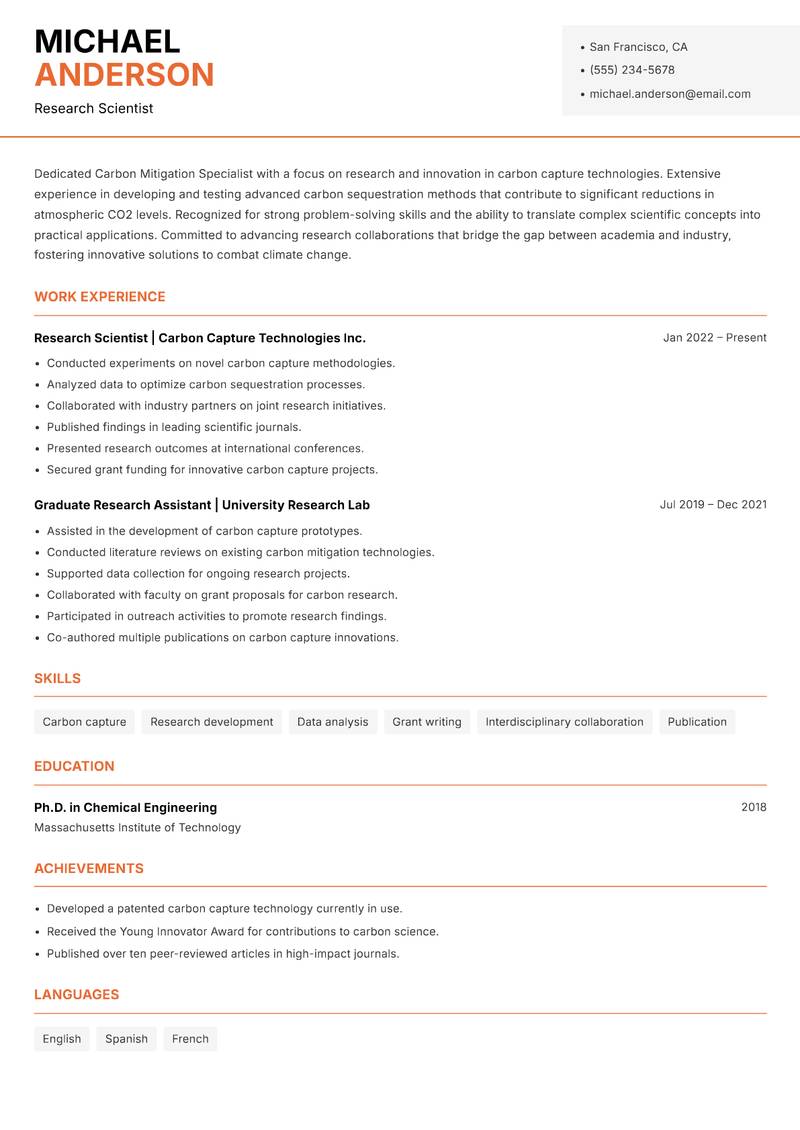 Carbon Mitigation Specialist resume sample — Research Scientist focus