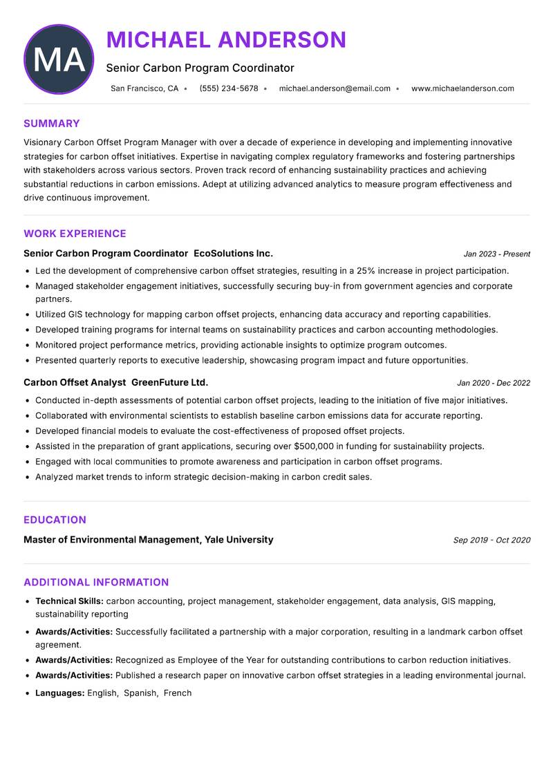 Carbon Offset Program Manager resume example