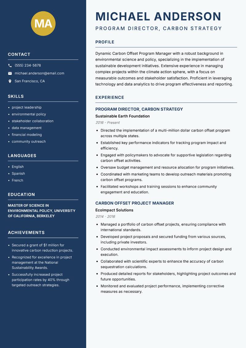 Carbon Offset Program Manager resume sample — Program Director, Carbon Strategy focus