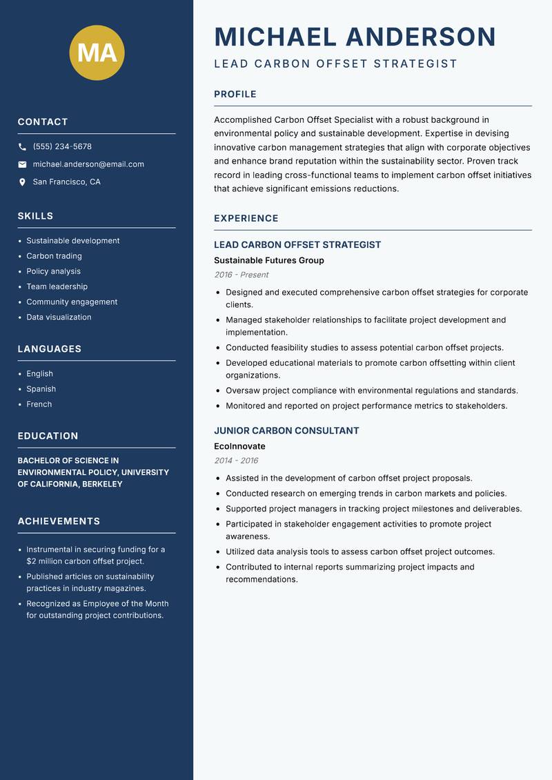 Carbon Offset Specialist resume sample — Lead Carbon Offset Strategist focus