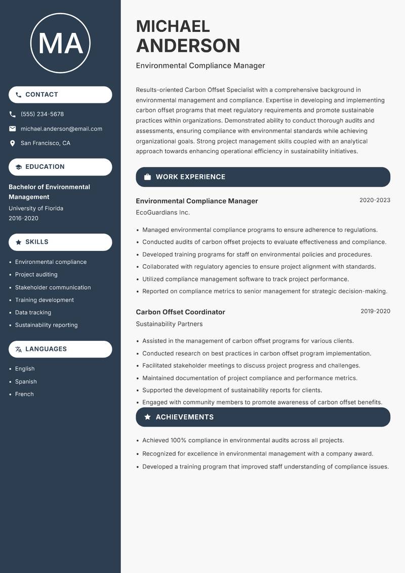 Carbon Offset Specialist resume sample — Environmental Compliance Manager focus