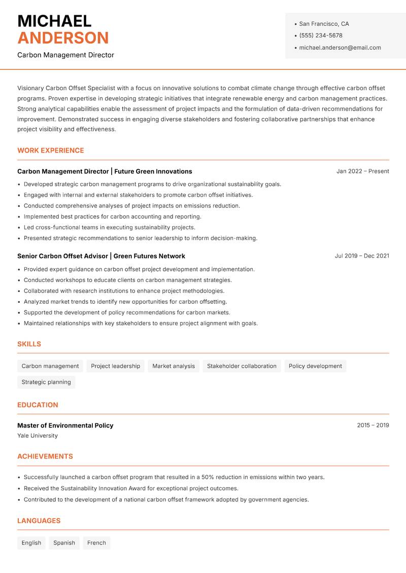 Carbon Offset Specialist resume sample — Carbon Management Director focus