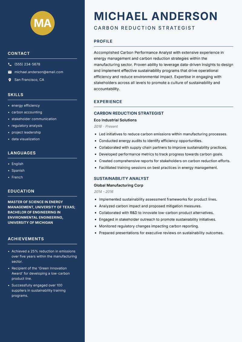Carbon Performance Analyst resume sample — Carbon Reduction Strategist focus