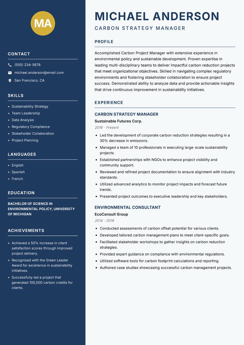 Carbon Project Manager resume sample — Carbon Strategy Manager focus