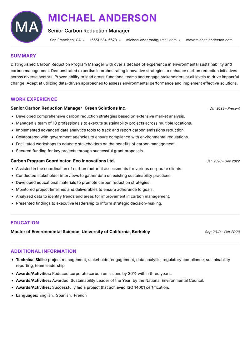 Carbon Reduction Program Manager resume example