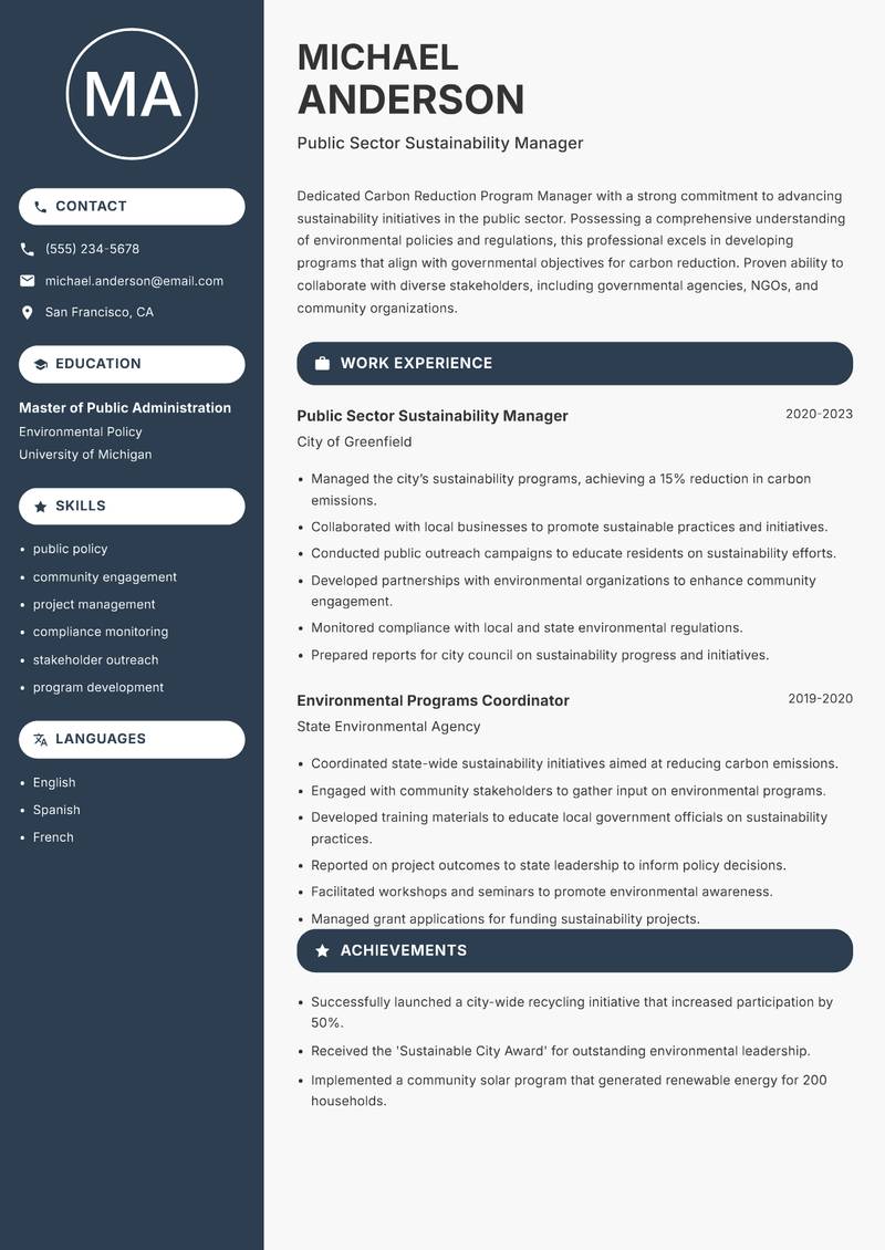 Carbon Reduction Program Manager resume sample — Public Sector Sustainability Manager focus