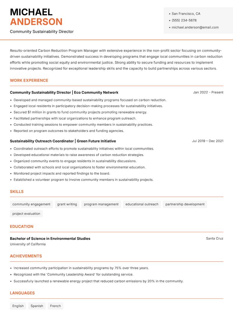 Carbon Reduction Program Manager resume sample — Community Sustainability Director focus