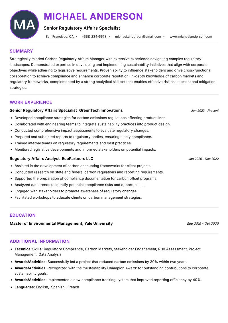Carbon Regulatory Affairs Manager resume example