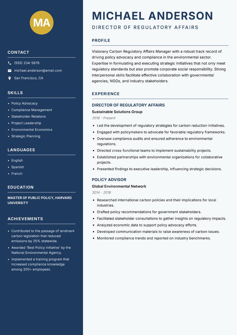 Carbon Regulatory Affairs Manager resume sample — Director of Regulatory Affairs focus