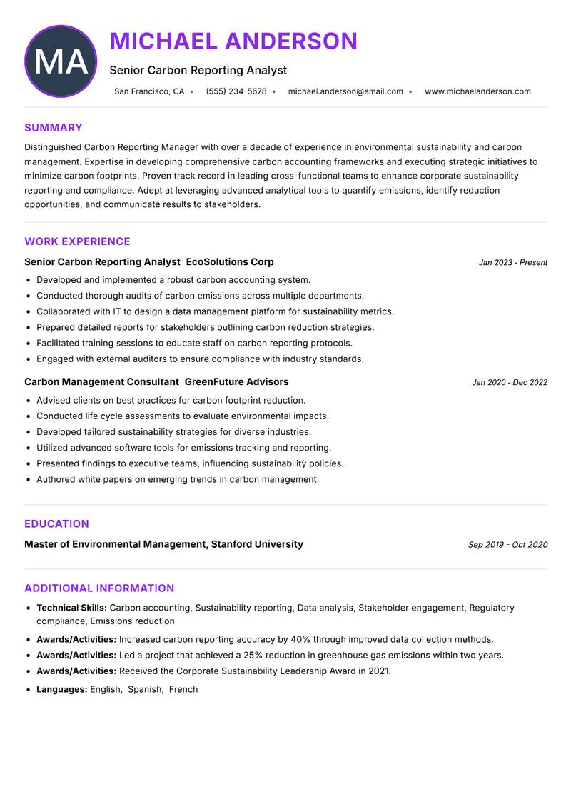 Carbon Reporting Manager resume example