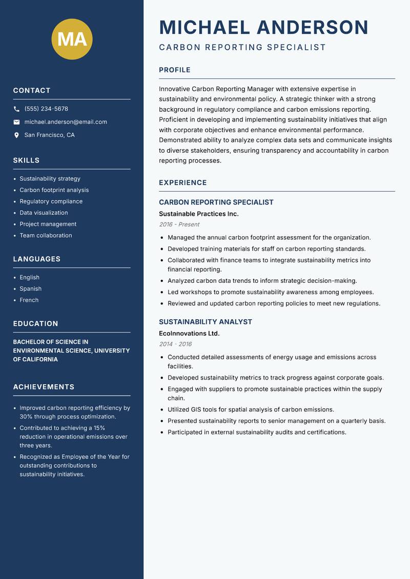 Carbon Reporting Manager resume sample — Carbon Reporting Specialist focus