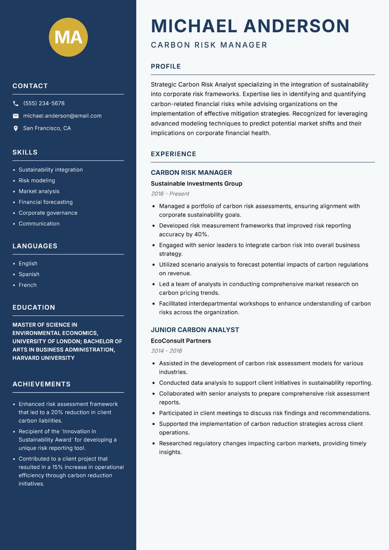 Carbon Risk Analyst resume sample — Carbon Risk Manager focus