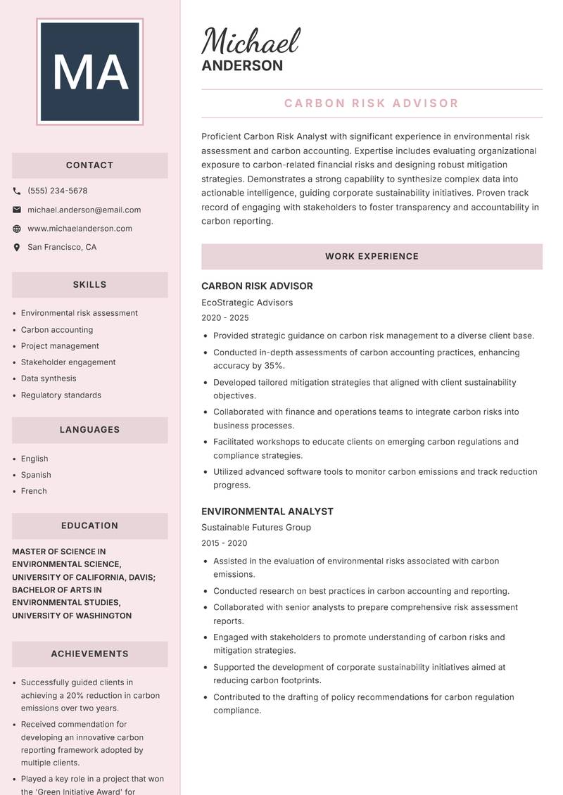 Carbon Risk Analyst resume sample — Carbon Risk Advisor focus