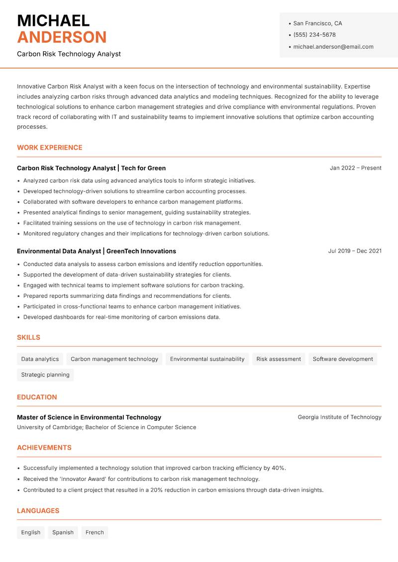 Carbon Risk Analyst resume sample — Carbon Risk Technology Analyst focus