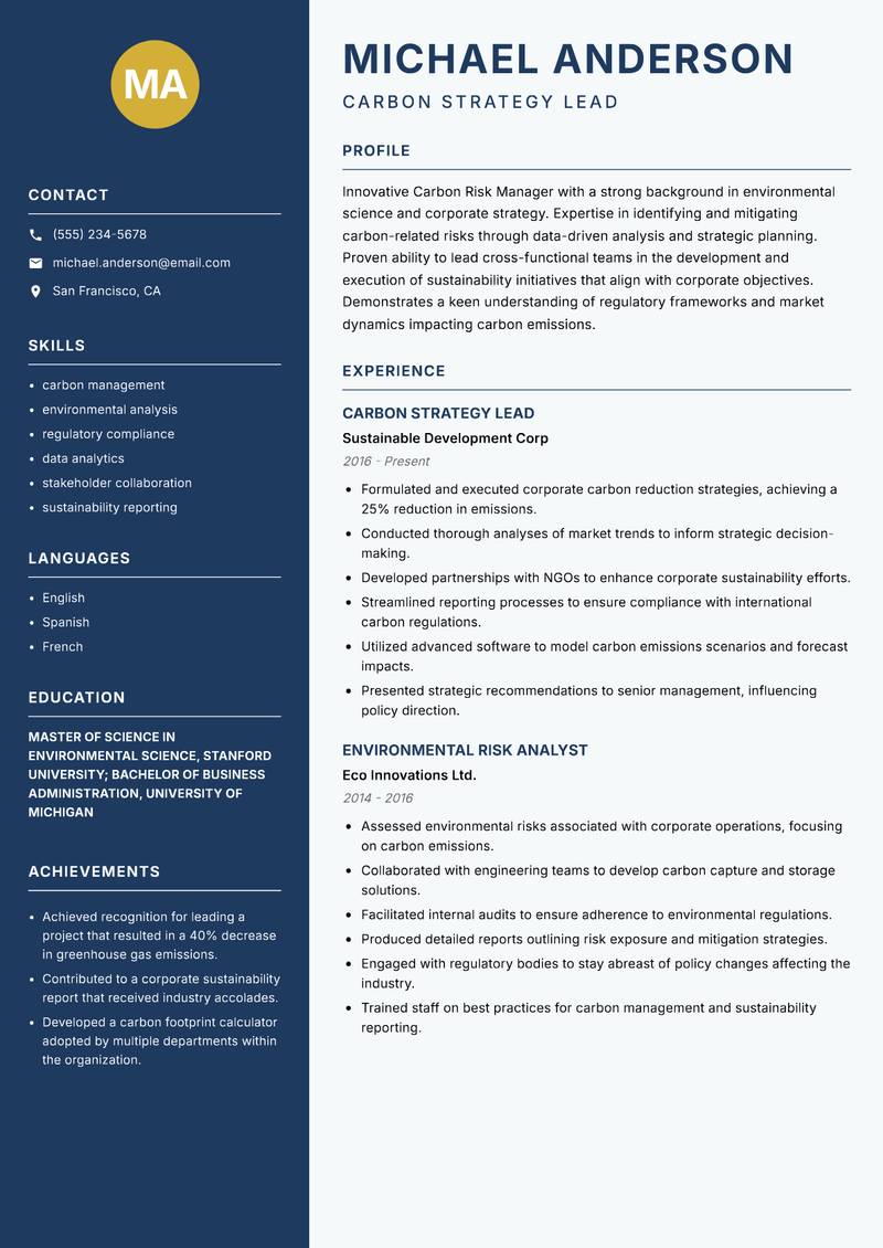 Carbon Risk Manager resume sample — Carbon Strategy Lead focus