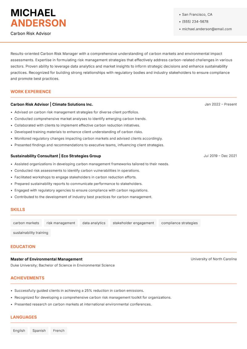 Carbon Risk Manager resume sample — Carbon Risk Advisor focus