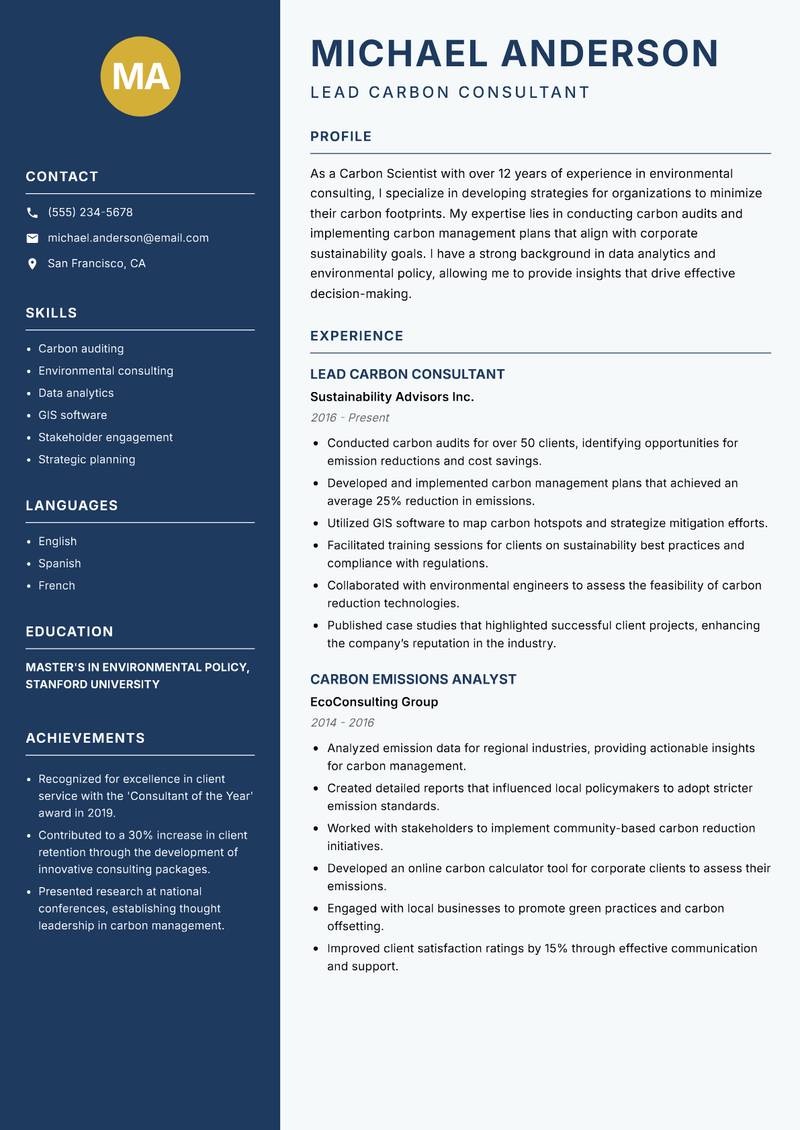 Carbon Scientist resume sample — Lead Carbon Consultant focus