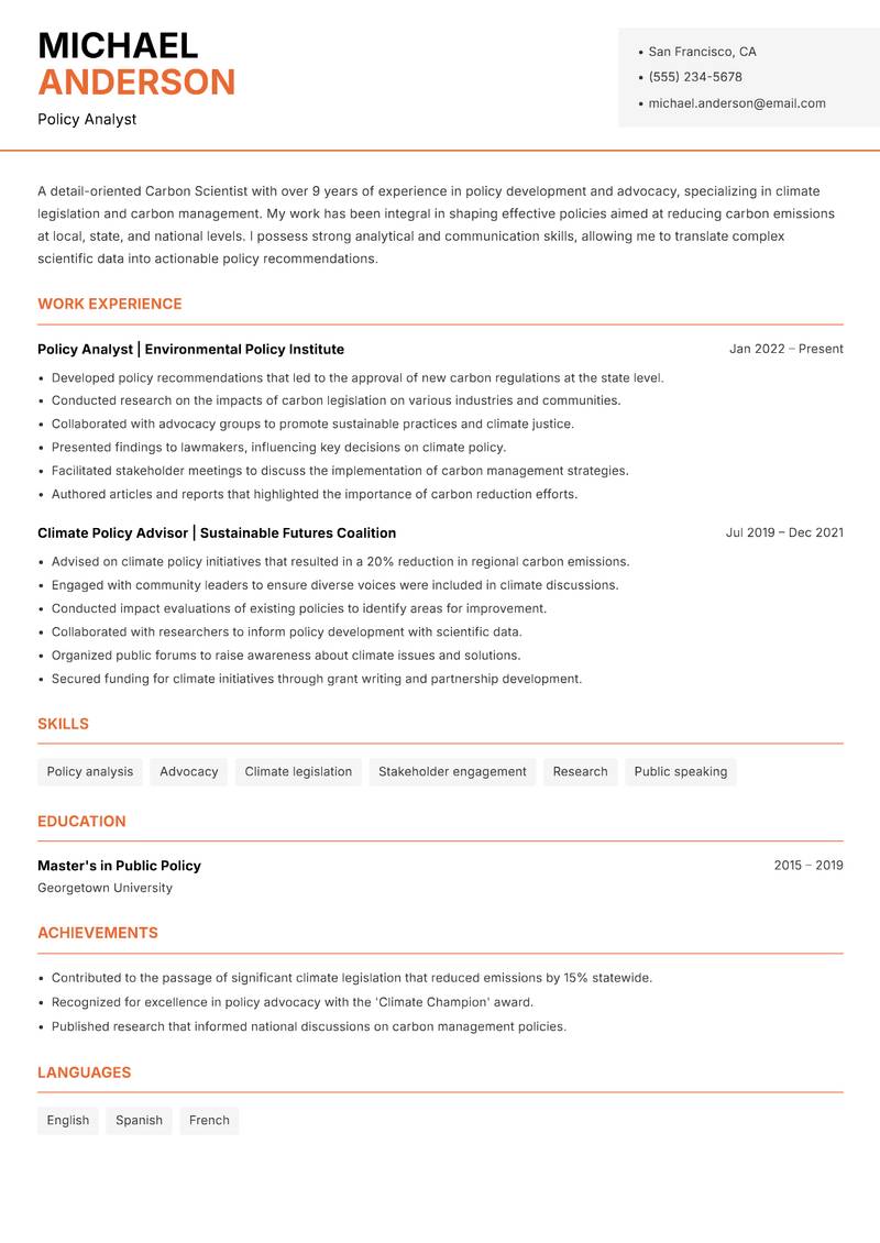Carbon Scientist resume sample — Policy Analyst focus