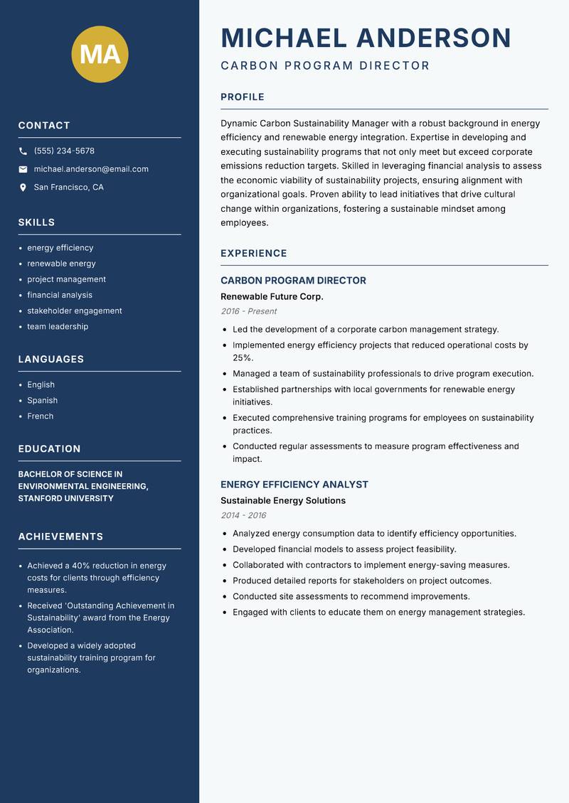 Carbon Sustainability Manager resume sample — Carbon Program Director focus