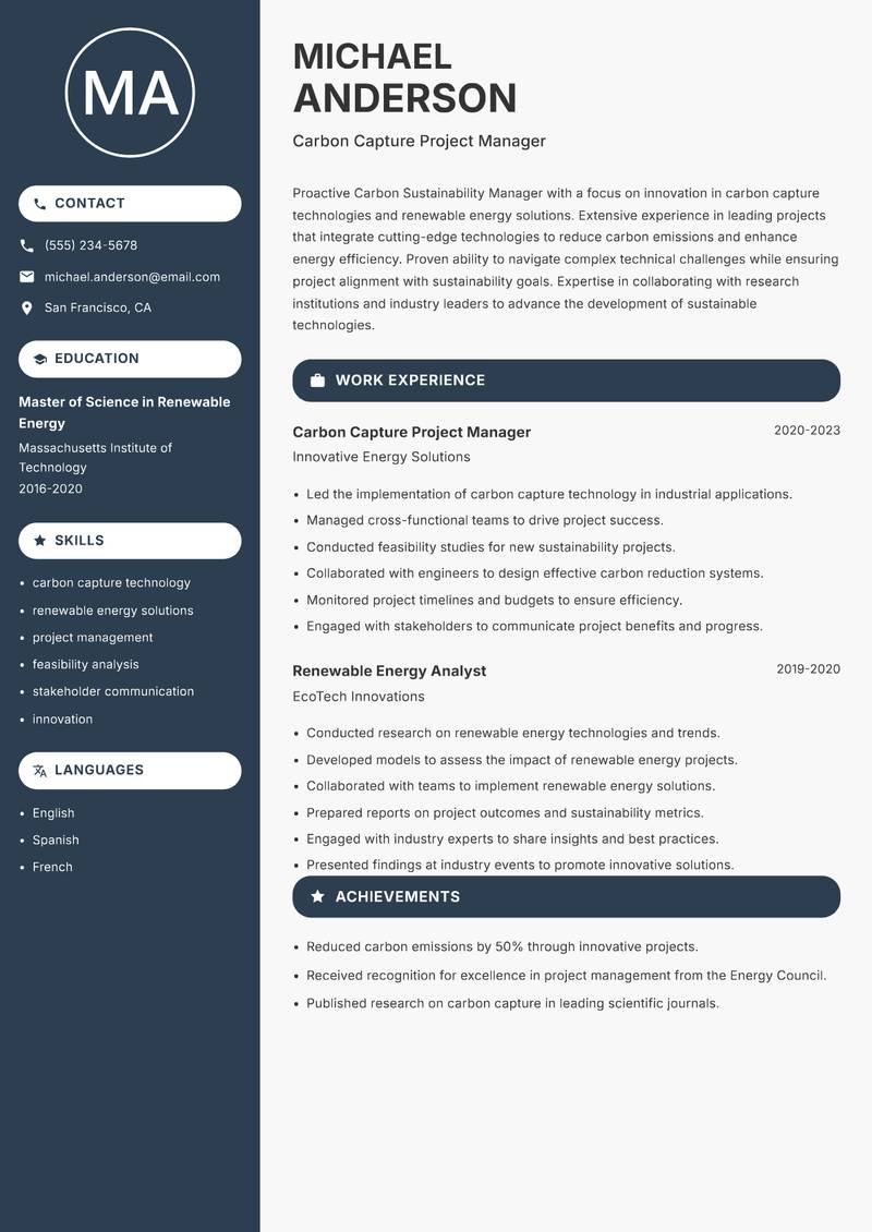 Carbon Sustainability Manager resume sample — Carbon Capture Project Manager focus