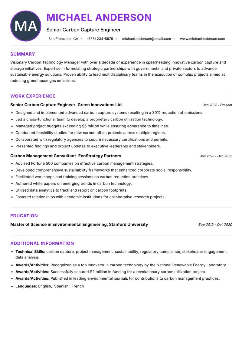 Carbon Technology Manager resume example