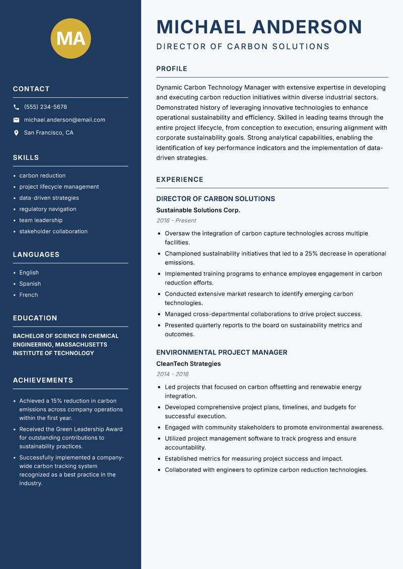 Carbon Technology Manager resume sample — Director of Carbon Solutions focus