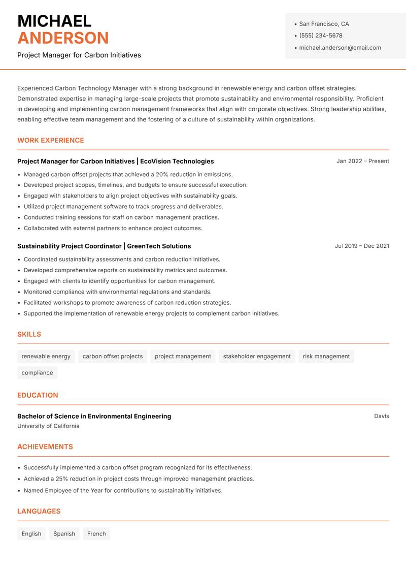 Carbon Technology Manager resume sample — Project Manager for Carbon Initiatives focus