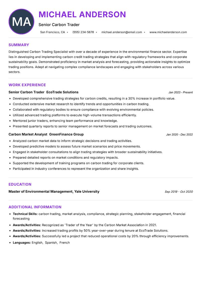 Carbon Trading Specialist resume example