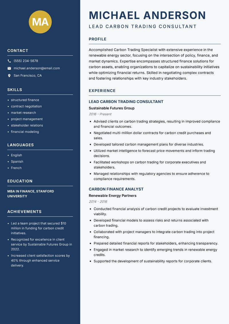 Carbon Trading Specialist resume sample — Lead Carbon Trading Consultant focus