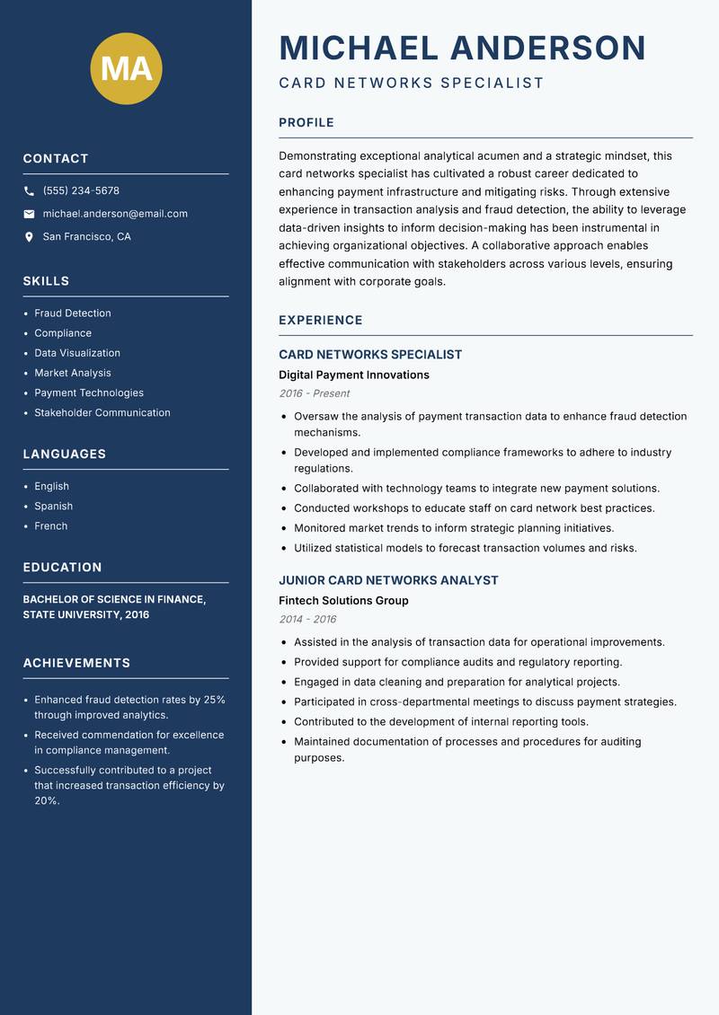 Card Networks Analyst resume sample — Card Networks Specialist focus