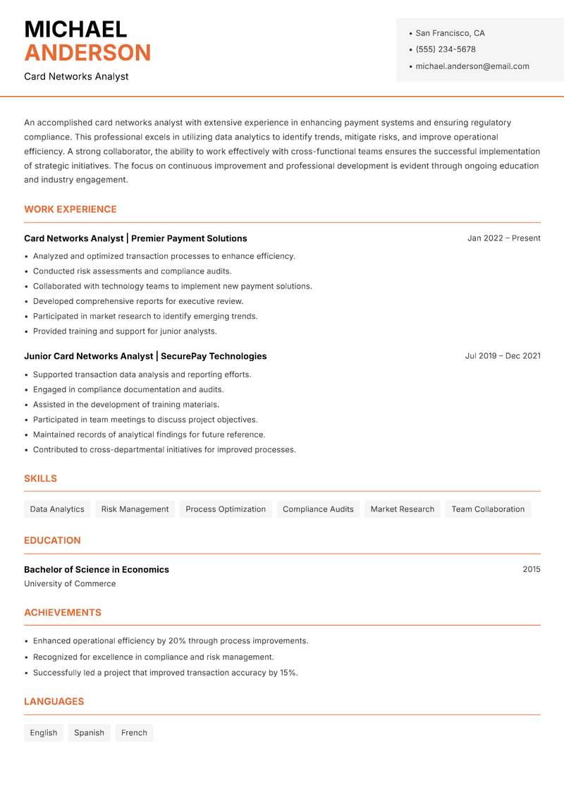 Card Networks Analyst resume sample — Card Networks Analyst focus