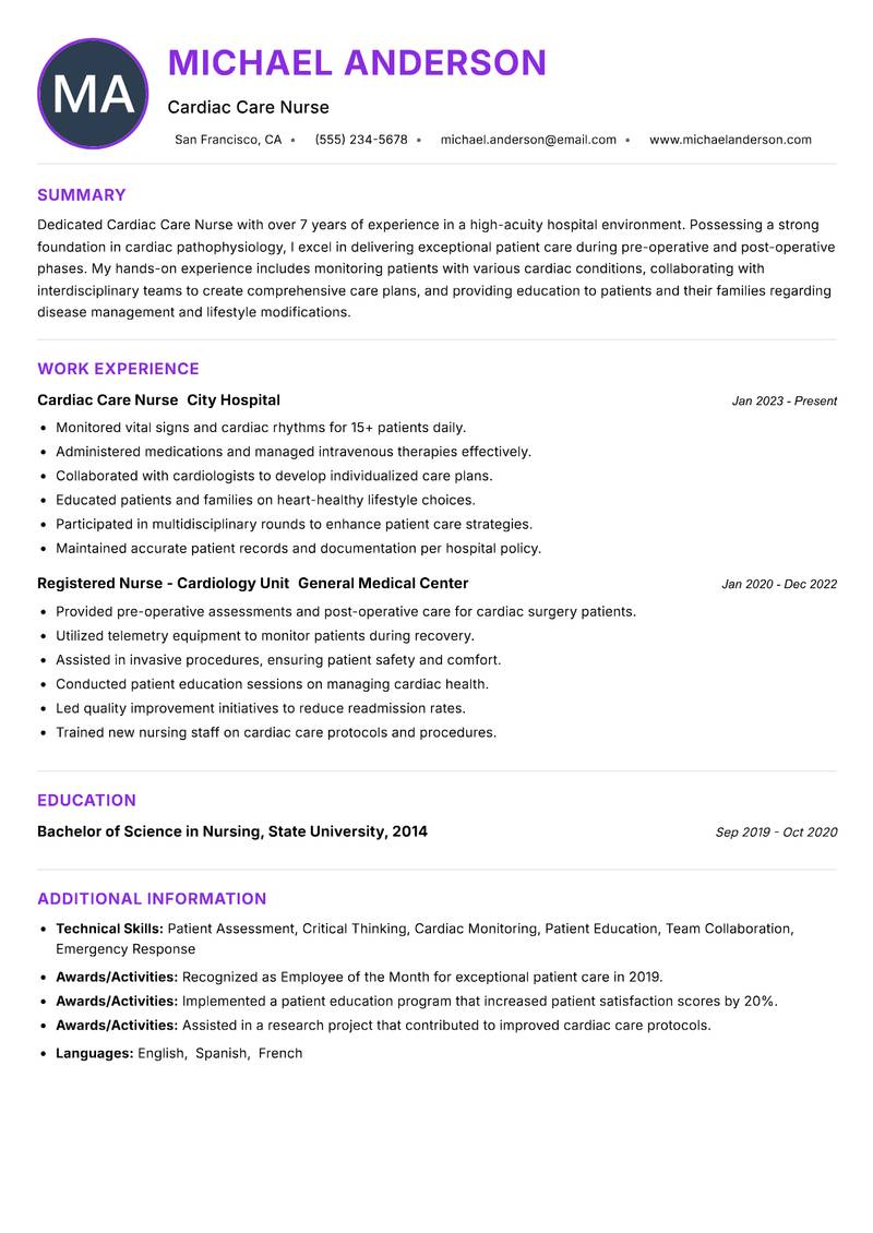 Cardiac Care Nurse resume example