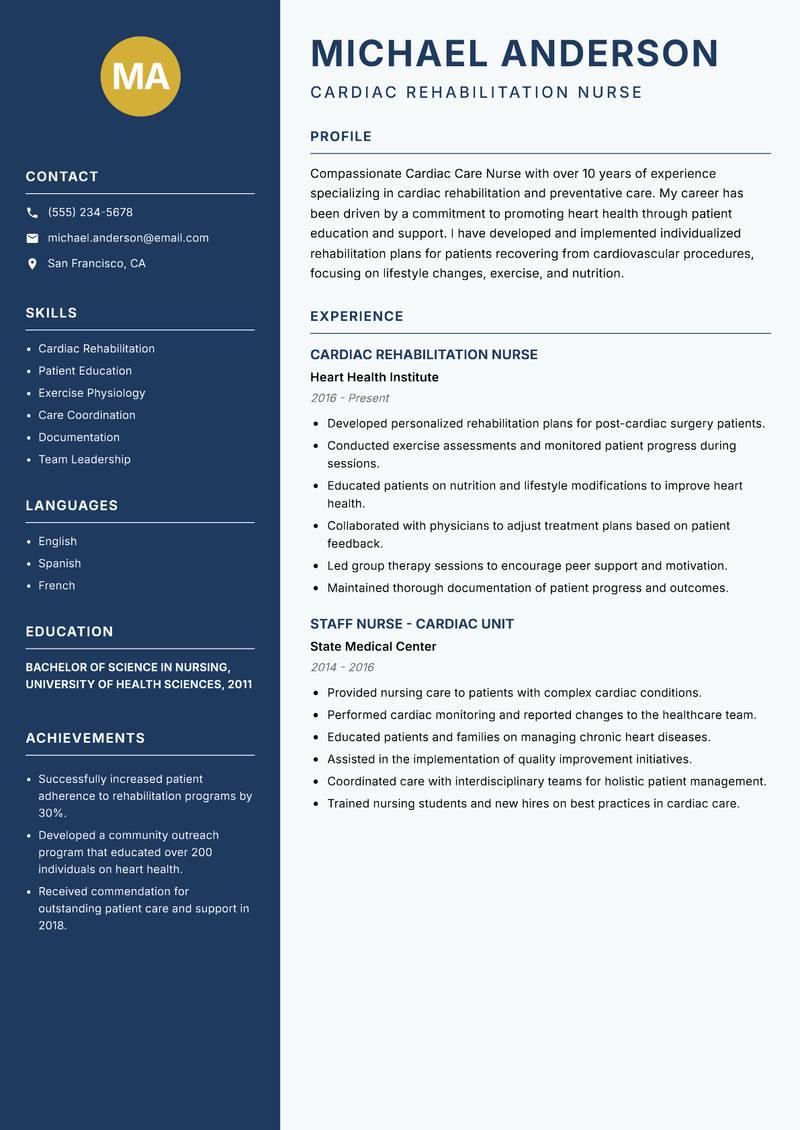 Cardiac Care Nurse resume sample — Cardiac Rehabilitation Nurse focus