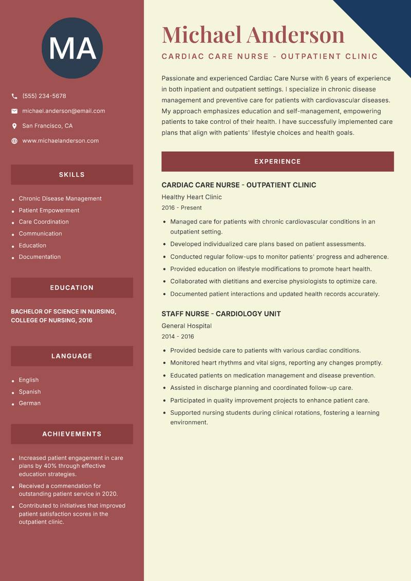 Cardiac Care Nurse resume sample — Cardiac Care Nurse - Outpatient Clinic focus